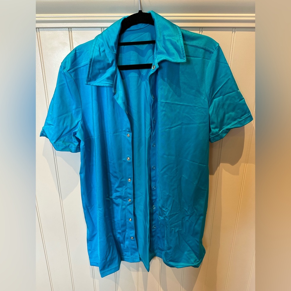 WEISSMAN Adult Medium Blue Button Down Short Sleeve Shirt Dance Costume